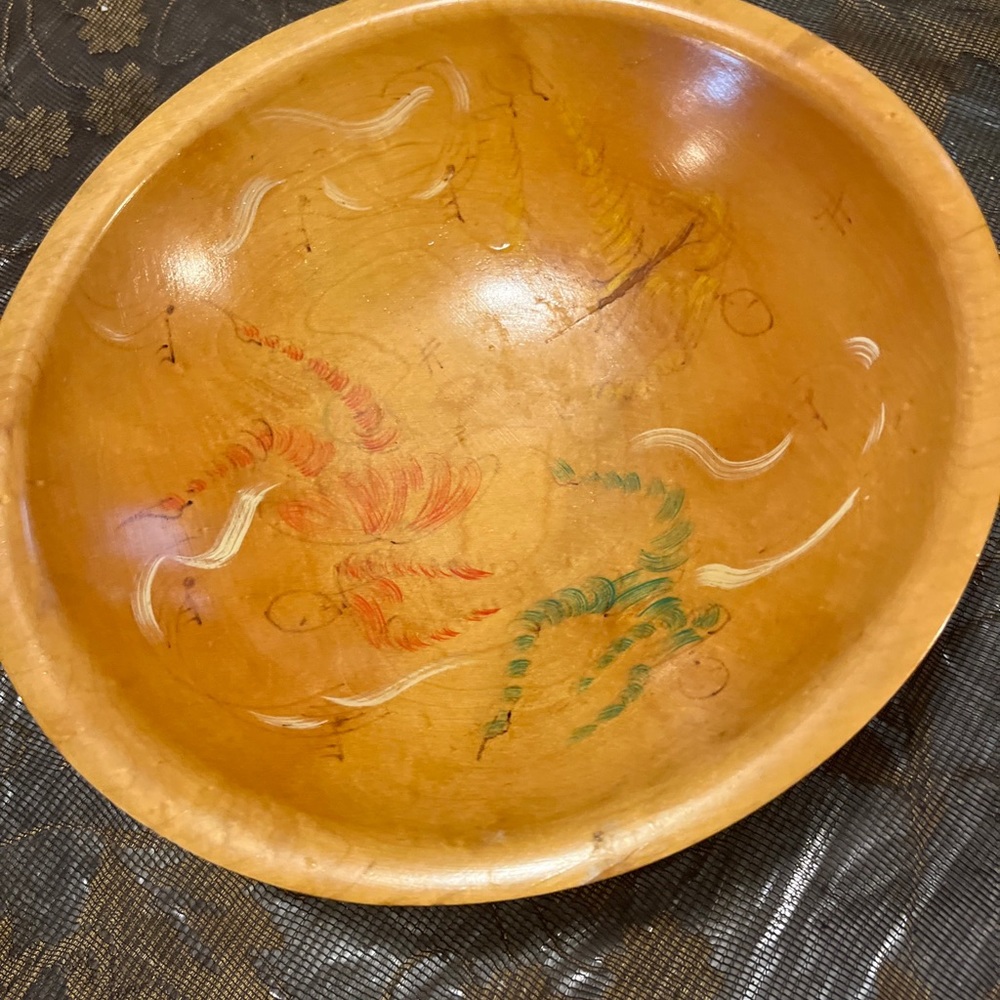 Vintage Beautiful Hand Painted Munising Wooden Bowl . Signed .